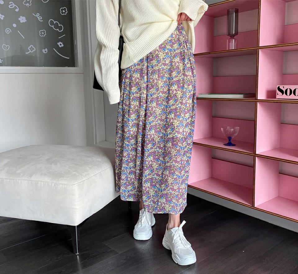ロング花柄スカート・全2色・b57050 レディース 【sk】【韓国 ファッション ボトムス スカート ロング ロングスカート 花柄 フラワー シフォン バックゴム サイドジップ フレアスカート カジュアル フェミニン デイリー 上品 秋 春】