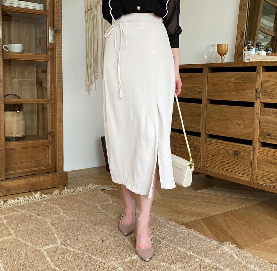 リボンHラインスカート・全4色・b57060 レディース 【sk】【韓国 ファッション ボトムス スカート ロング ロングスカート リボン Hライン ゴムスカート スリット カジュアル フェミニン デイリー 上品 秋 春】