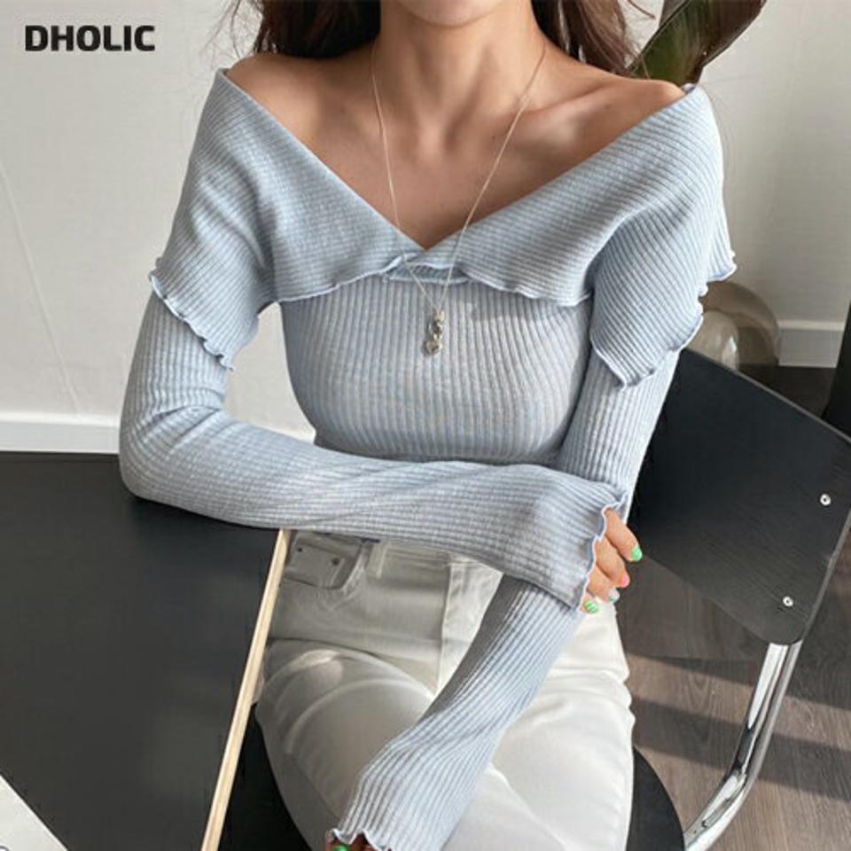 ビッグカラーオフショルTシャツ・全3色・t57034 レディース 【tops】【韓国 ファッション トップス Tシャツ 長袖 ビッグカラー オフショルTシャツ ビック襟 オフショルダー リブ スリム フィット ウェーブ カジュアル 体型カーバー デイリー 細身 秋 春】