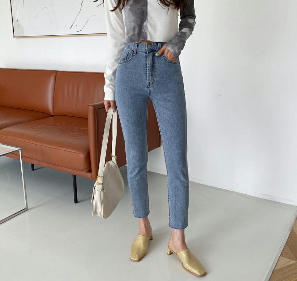 ハイウエストカットオフデニムパンツ・全1色・t57074 レディース 【pt】【韓国 ファッション ボトムス パンツ デニムパンツ スリムデニム カットオフ ハイウエスト ストレート 美脚 10分丈 十分丈 カジュアル デイリー 秋 春】