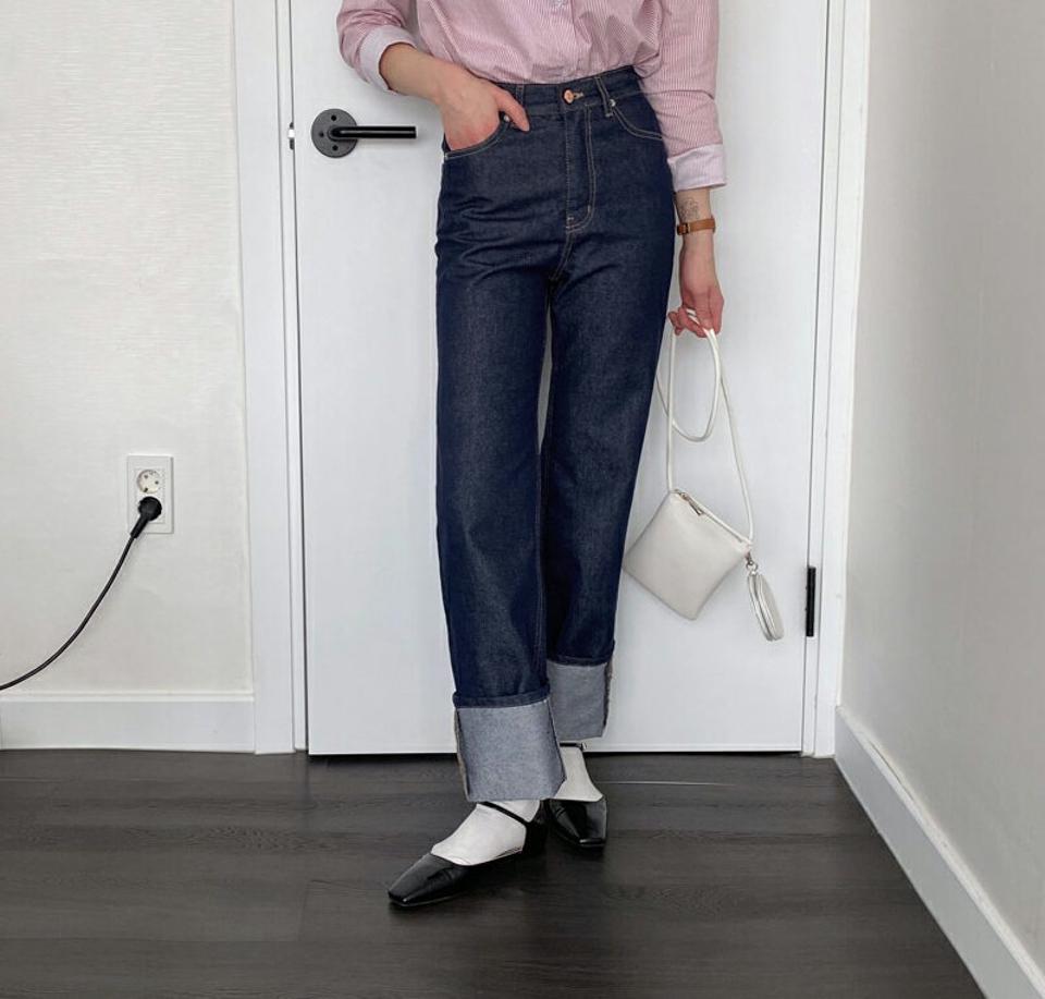 インディゴデニムパンツ・全1色・t57075 レディース 【pt】【韓国 ファッション ボトムス パンツ デニムパンツ インディゴデニムパンツ ロールアップ ストレート 美脚 10分丈 十分丈 カジュアル デイリー 秋 春】