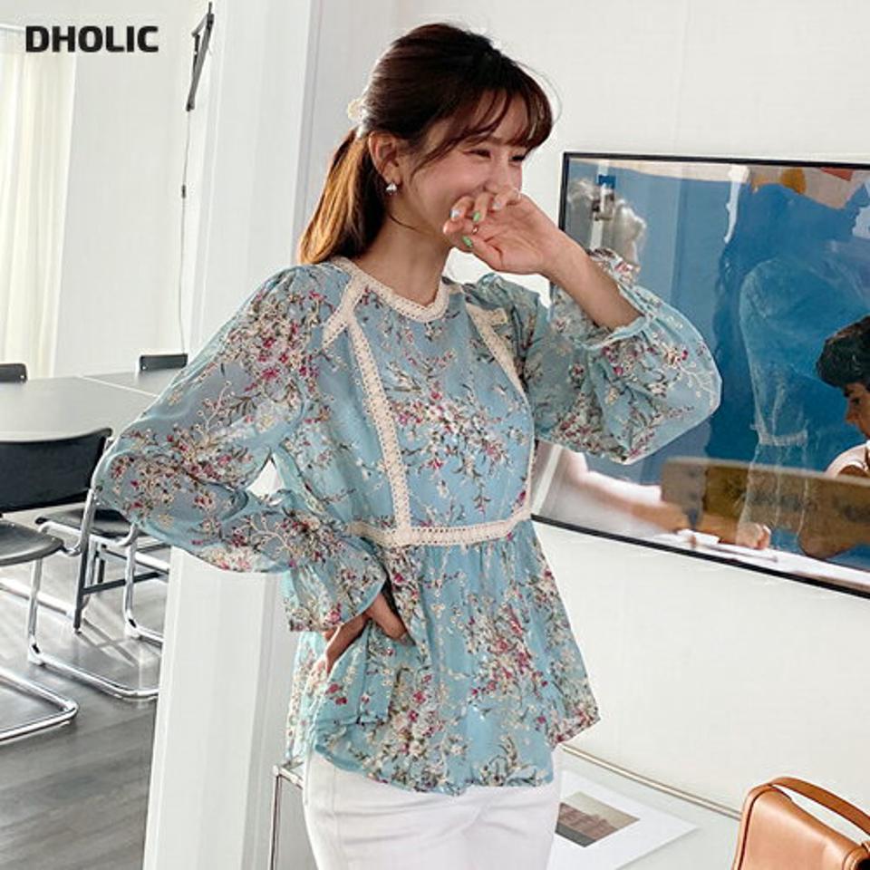 フローラルレースラインブラウス・全2色・b57057 レディース 【bl】【韓国 ファッション トップス ブラウス 長袖 上品 ラウンドネック 花柄 フラワー フローラル パターン レース フェミニン ラブリー カジュアル デイリー 秋 春】【fw】