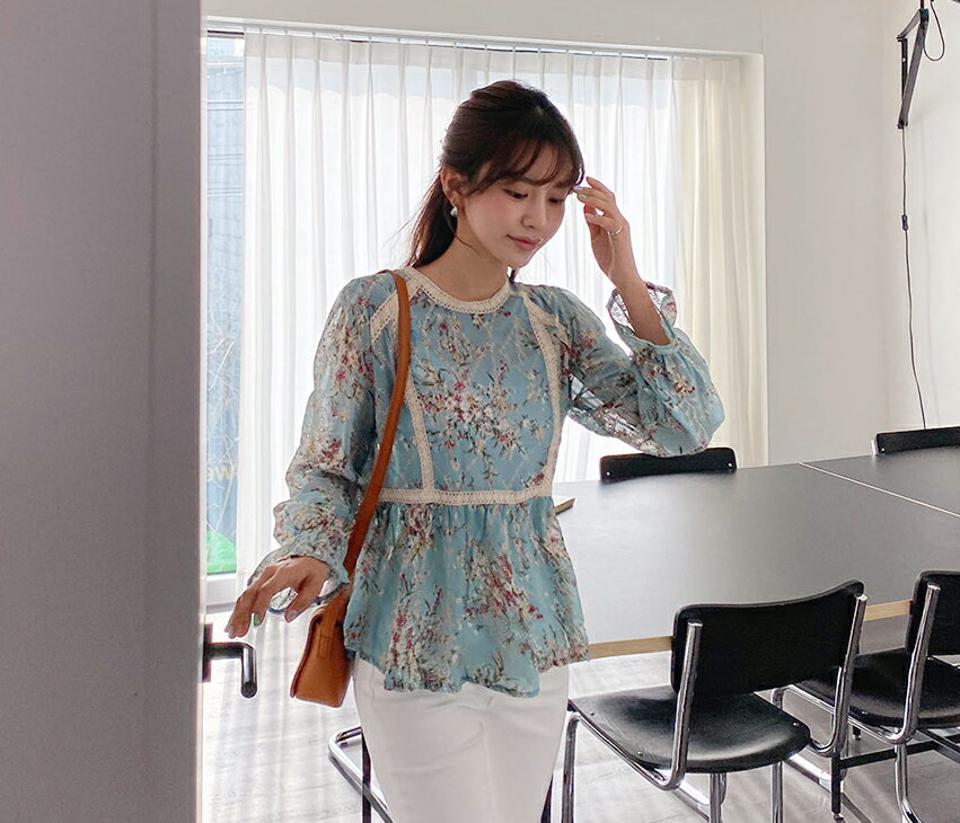 フローラルレースラインブラウス・全2色・b57057 レディース 【bl】【韓国 ファッション トップス ブラウス 長袖 上品 ラウンドネック 花柄 フラワー フローラル パターン レース フェミニン ラブリー カジュアル デイリー 秋 春】【fw】