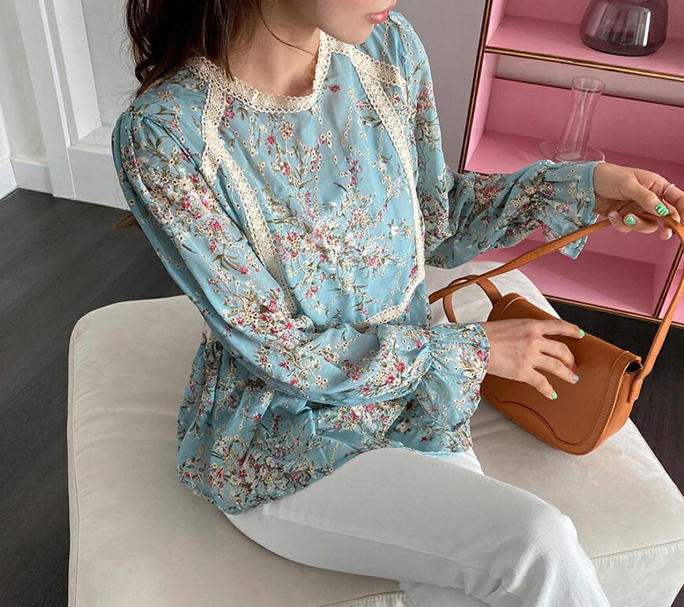 フローラルレースラインブラウス・全2色・b57057 レディース 【bl】【韓国 ファッション トップス ブラウス 長袖 上品 ラウンドネック 花柄 フラワー フローラル パターン レース フェミニン ラブリー カジュアル デイリー 秋 春】【fw】