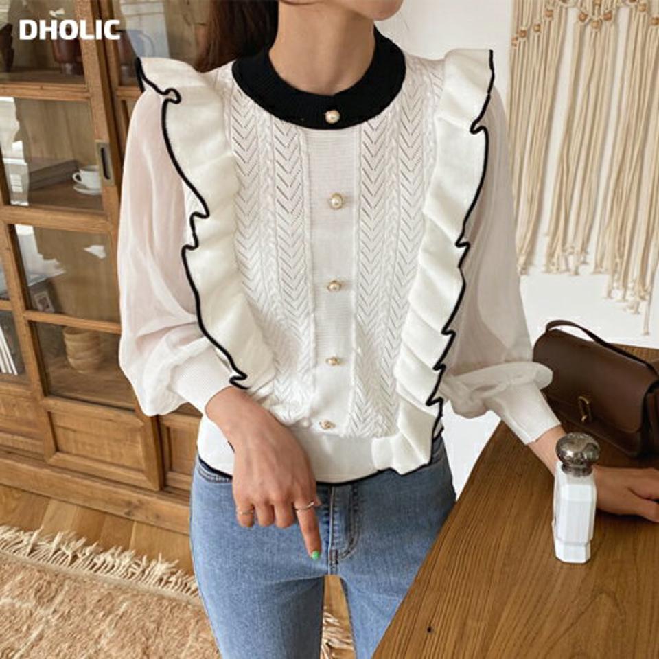 ≪人気商品再入荷≫シアースリーブフリルニット・全2色・b57035 レディース 【tops】 異素材ミックス フレンチ 韓国ファッション トップス ニット 長袖 ラウンドネック シアー スリーブフリル フリル 透け感 配色フリル パール パンチング 細身 体型カバー デイリー 秋 春