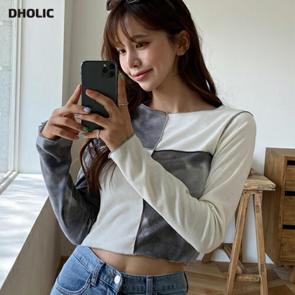 タイダイウェーブTシャツ・全2色・t57033 レディース 【tops】【韓国 ファッション トップス Tシャツ 長袖 ラウンドネック ユニーク タイダイ柄 コントラスト ウェーブ 異素材 スリム フィット パターン カジュアル 体型カーバー デイリー 細身 秋 春】
