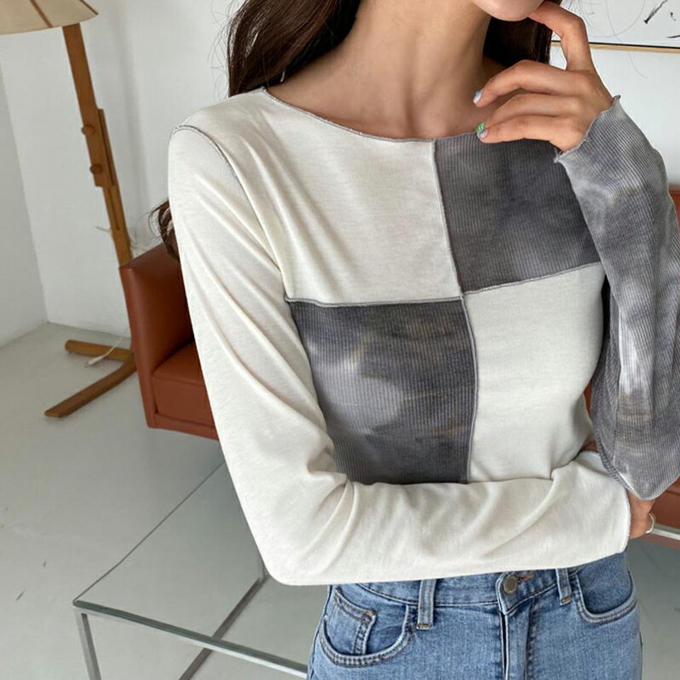 タイダイウェーブTシャツ・全2色・t57033 レディース 【tops】【韓国 ファッション トップス Tシャツ 長袖 ラウンドネック ユニーク タイダイ柄 コントラスト ウェーブ 異素材 スリム フィット パターン カジュアル 体型カーバー デイリー 細身 秋 春】