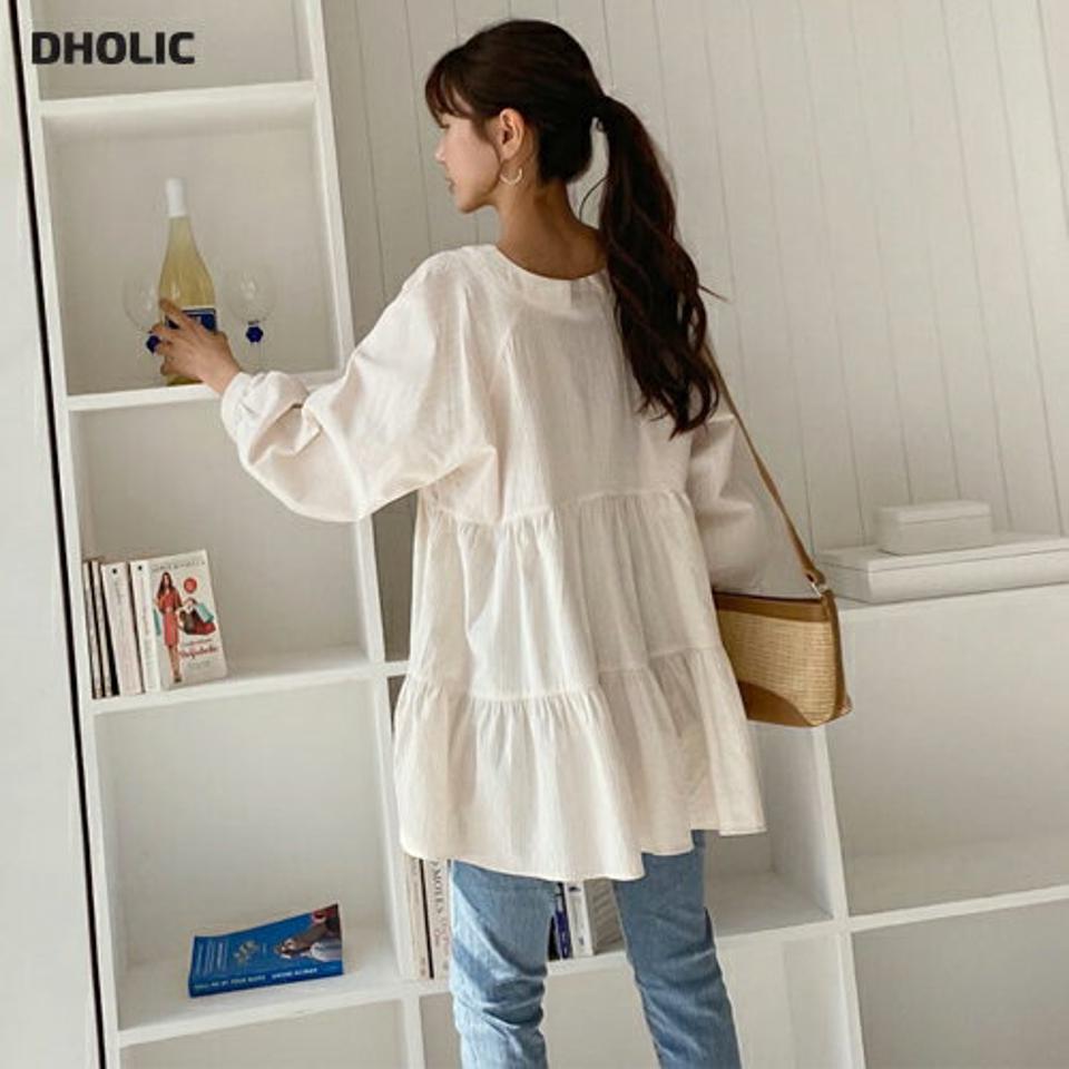 Vネックティアードブラウス・全2色・t57058 レディース 【bl】 韓国ファッション トップス ブラウス 長袖 上品 Vネック ティアード ボリューミ ラグランスリーブ フェミニン ラブリー カジュアル デイリー 秋 春