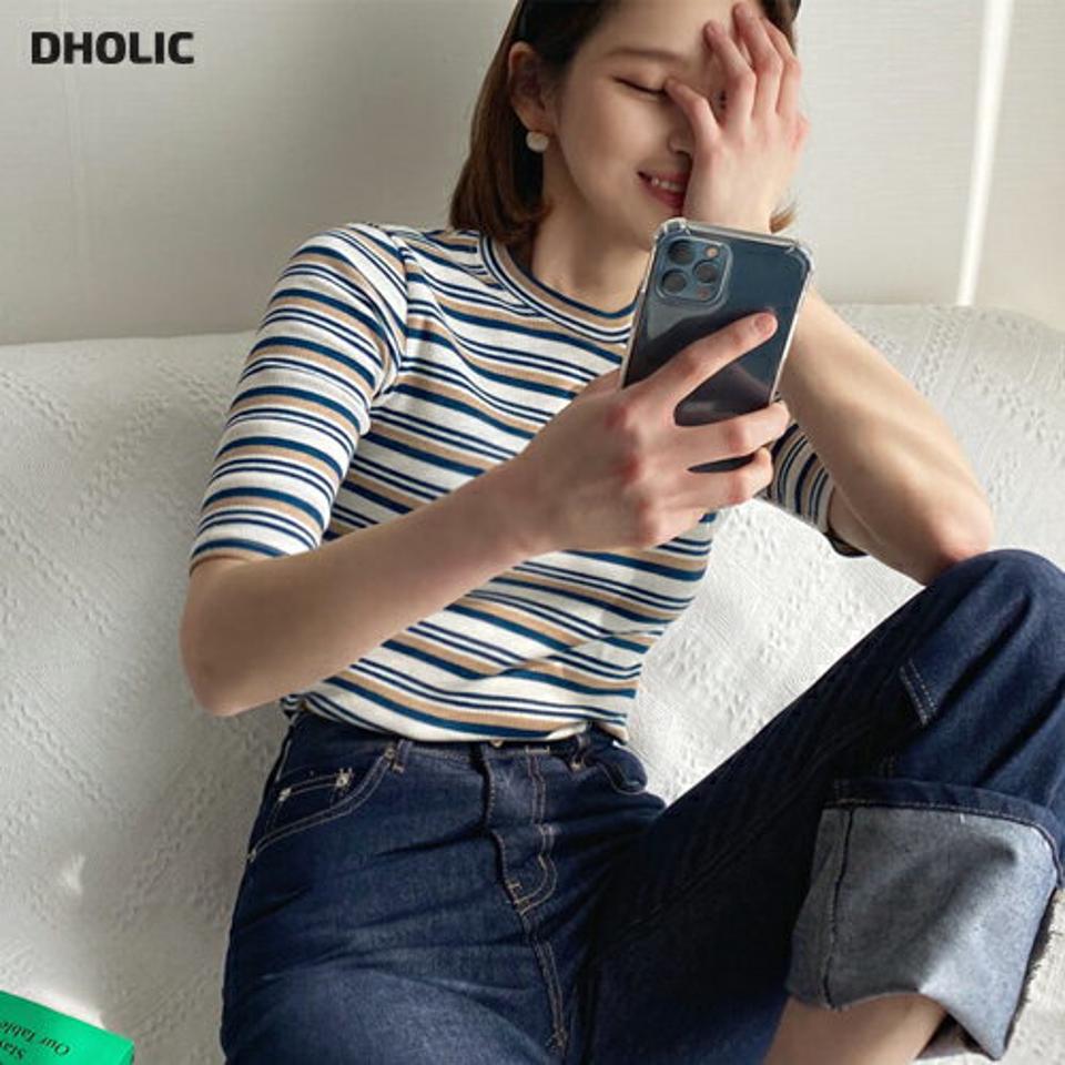 マルチボーダースリムTシャツ・全3色・b57030 レディース 【tops】 韓国 ファッション トップス Tシャツ 半袖 ラウンドネック ボーダー スリムTシャツ フィット パターン ストライプ カジュアル 体型カーバー デイリー 細身 秋 春