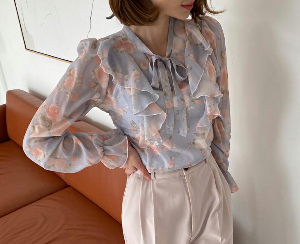 花柄ネックリボンブラウス・全3色・t57042 レディース 【bl】【韓国 ファッション トップス ブラウス 長袖 上品 Vネック ネックリボン 花柄 フラワー シフォン フリル フェミニン ラブリー カジュアル デイリー 秋 春】【fw】