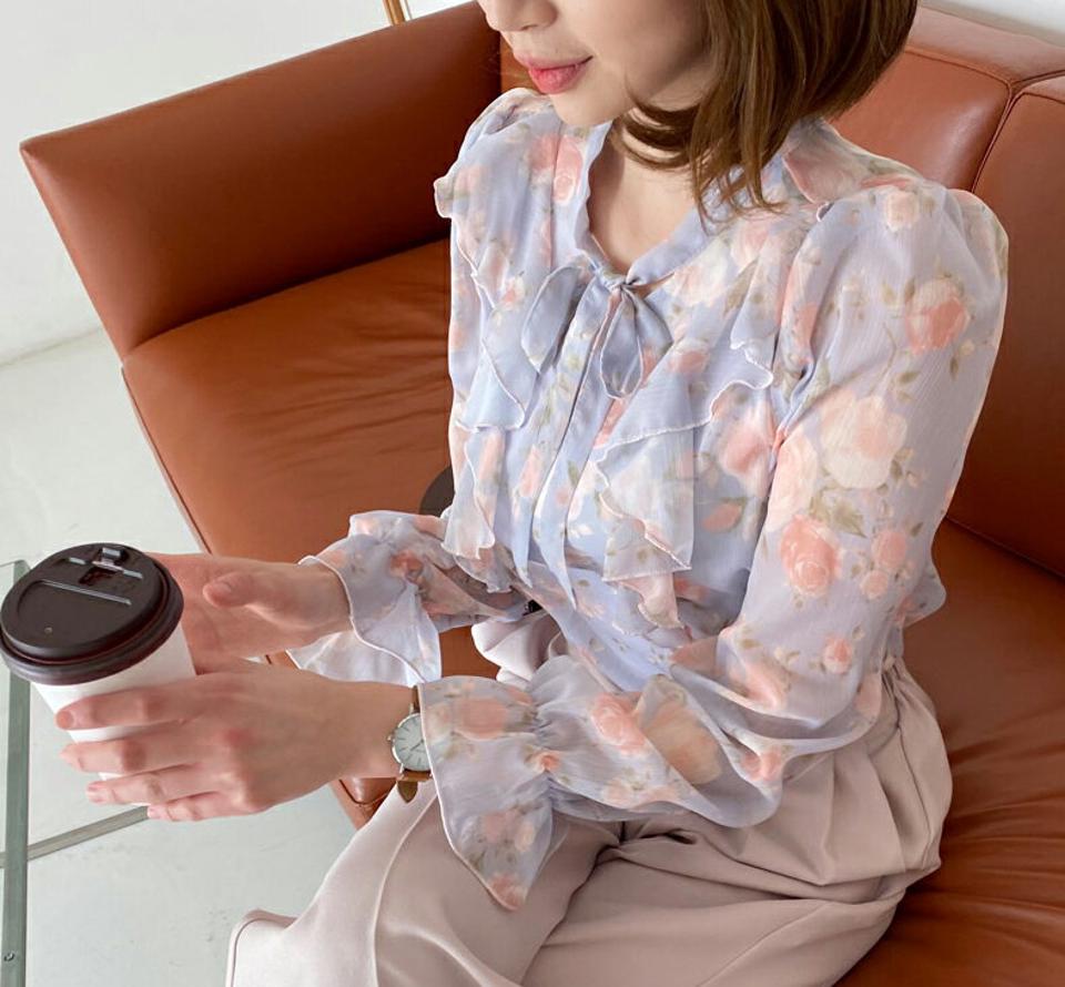 花柄ネックリボンブラウス・全3色・t57042 レディース 【bl】【韓国 ファッション トップス ブラウス 長袖 上品 Vネック ネックリボン 花柄 フラワー シフォン フリル フェミニン ラブリー カジュアル デイリー 秋 春】【fw】