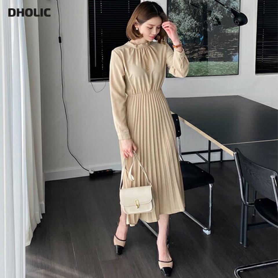 ベルト付リボンプリーツワンピース・全3色・b57047 レディース 【ops】【韓国 ファッション ワンピース ロング ロングワンピス 長袖 リボン プリーツワンピース ハーフネック ウエストベルト フェミニン 細身 スリム カジュアル 体型カバー 秋 春】