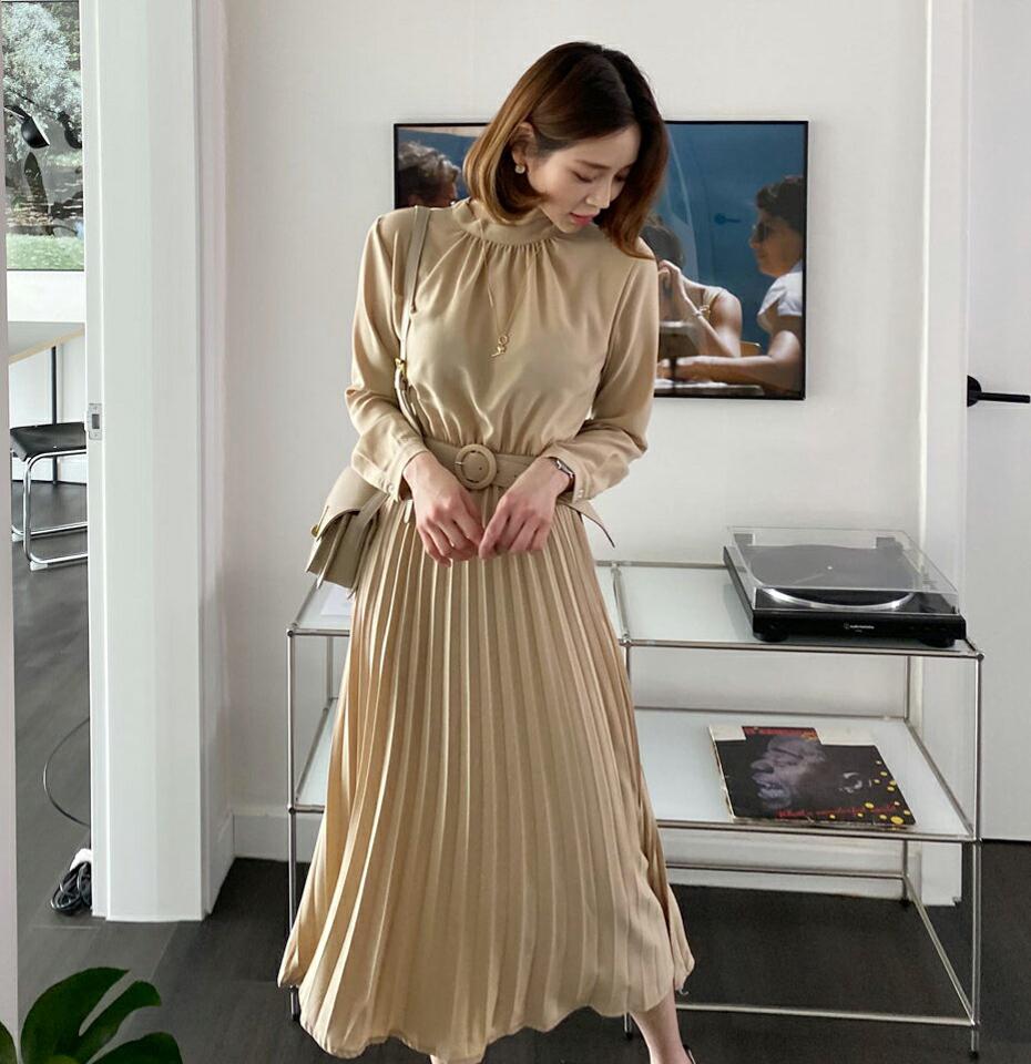 ベルト付リボンプリーツワンピース・全3色・b57047 レディース 【ops】【韓国 ファッション ワンピース ロング ロングワンピス 長袖 リボン プリーツワンピース ハーフネック ウエストベルト フェミニン 細身 スリム カジュアル 体型カバー 秋 春】