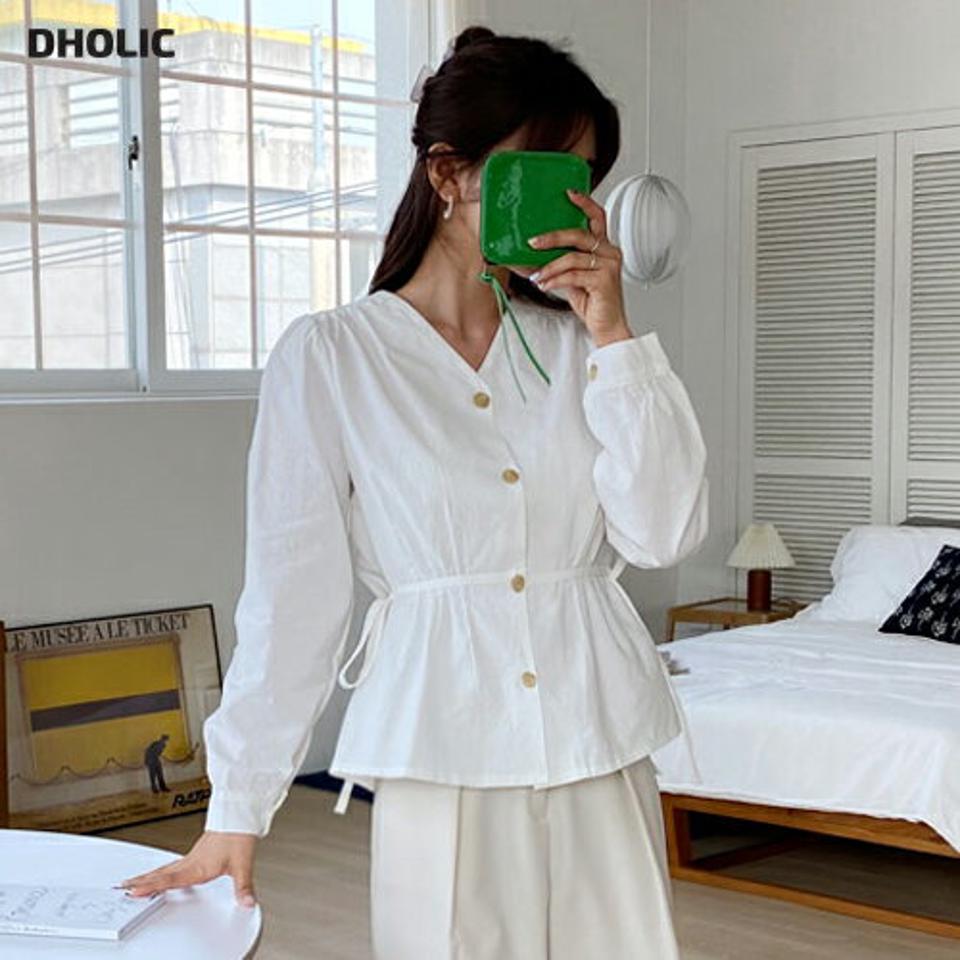 ウエストリボンボタンブラウス・全4色・t65070 レディース 【bl】【韓国 ファッション トップス ブラウス 長袖 上品 Vネック ウエストリボン ボタン フレア フェミニン ラブリー カジュアル デイリー 秋 春】