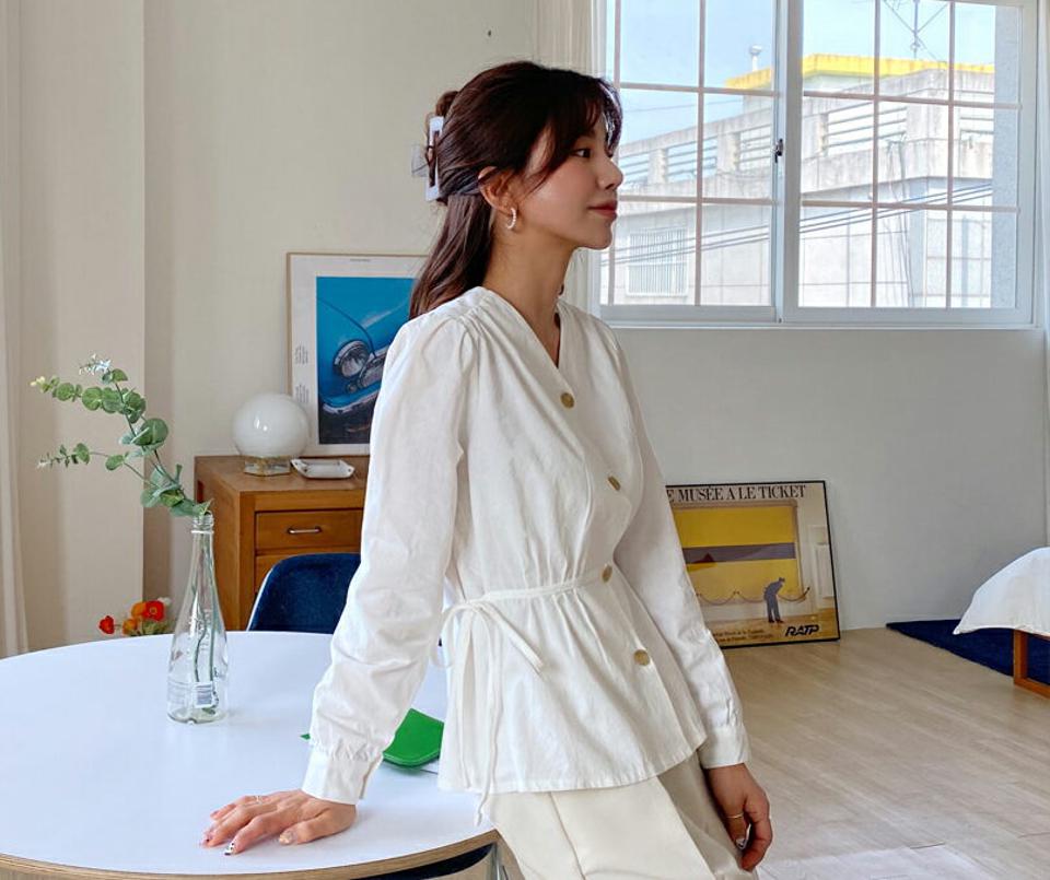 ウエストリボンボタンブラウス・全4色・t65070 レディース 【bl】【韓国 ファッション トップス ブラウス 長袖 上品 Vネック ウエストリボン ボタン フレア フェミニン ラブリー カジュアル デイリー 秋 春】