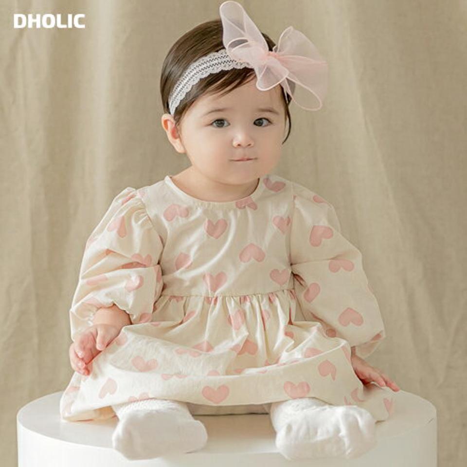 長袖ハートワンピース(pink) p008833 キッズ 【0~2才】【ops】【韓国 ファッション ワンピース フレア Aライン ラウンドネック 長袖 パフスリーブ パターン 柄 撮影 おしゃれキッズ 子供 ベビー 赤ちゃん ベビー用 赤ちゃん用 出産祝い 秋 冬】【KIDS】