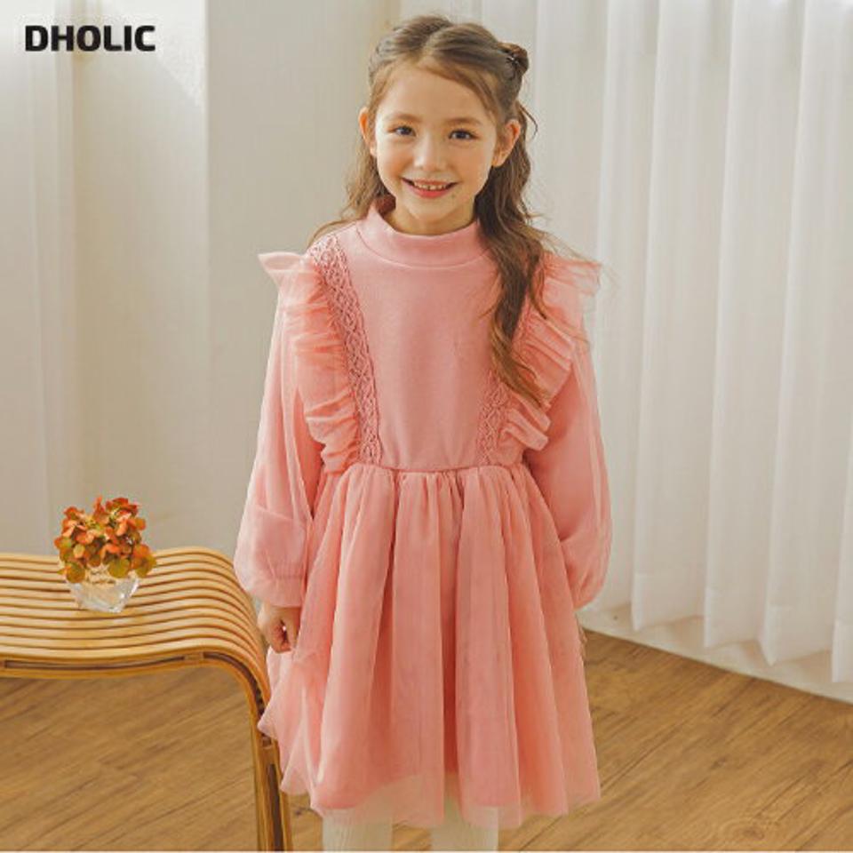 裏起毛フリルチュールワンピース(pink)・p009886 キッズ 【3~8才】【ops】【韓国 ファッション ワンピース ミディワンピース ミディアム 長袖 レース 可愛い 発表会 お出かけ 撮影 女の子 キッズ 子供 子供服 幼稚園 通学 通園 低学年 秋 冬】【KIDS】