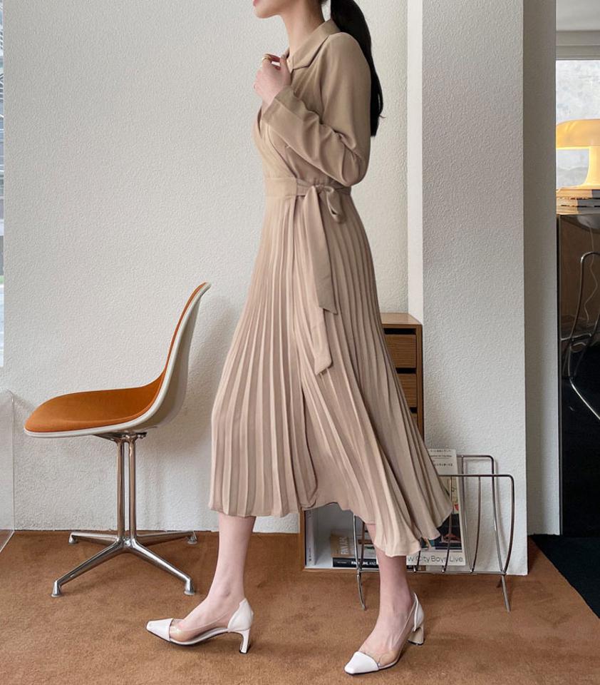 ラッププリーツワンピース・全2色・t67445 レディース 【ops】【ワンピース ロング ロングワンピース プリーツ プリーツワンピース 長袖 ラップデザイン ラップワンピース フェミニン 可愛い かわいい 春 秋 韓国 ファッション】【ハイホリHIHOLLI】