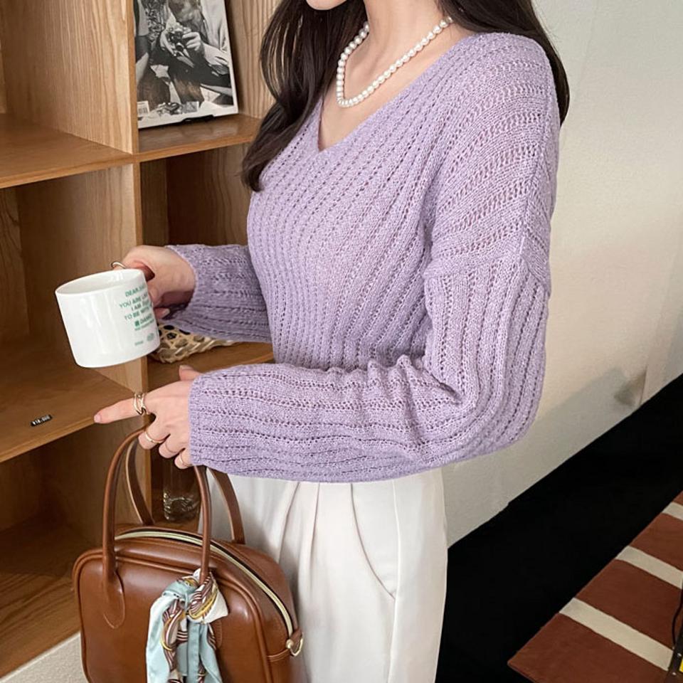 Vネックシアーニット・全6色・t67437 レディース 【tops】【トップス ニット ニットトップス 長袖 Vネック シアー シアーニット 単色 無地 シンプル カジュアル ラフ 春 秋 韓国 ファッション】【ハイホリHIHOLLI】