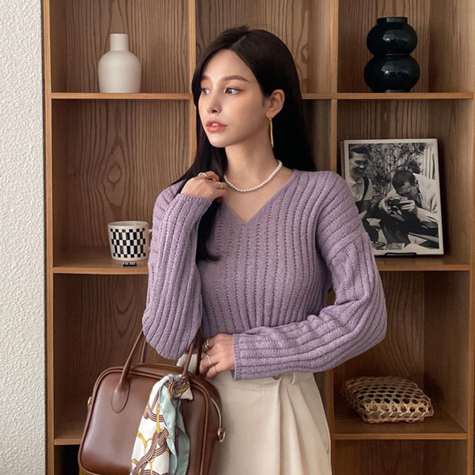 Vネックシアーニット・全6色・t67437 レディース 【tops】【トップス ニット ニットトップス 長袖 Vネック シアー シアーニット 単色 無地 シンプル カジュアル ラフ 春 秋 韓国 ファッション】【ハイホリHIHOLLI】