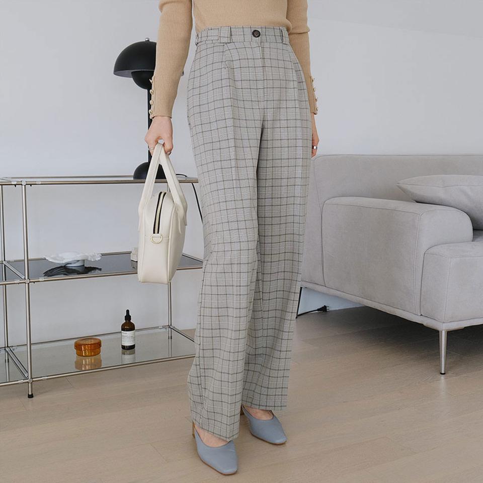 サイドベルトチェックパスラックス・全2色・t67452 レディース 【pt】【パンツ スラックス ロングパンツ ズボン ボトムス チェック柄 大人 カジュアル 春 秋 韓国 ファッション】【ハイホリHIHOLLI】