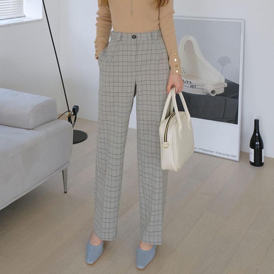サイドベルトチェックパスラックス・全2色・t67452 レディース 【pt】【パンツ スラックス ロングパンツ ズボン ボトムス チェック柄 大人 カジュアル 春 秋 韓国 ファッション】【ハイホリHIHOLLI】