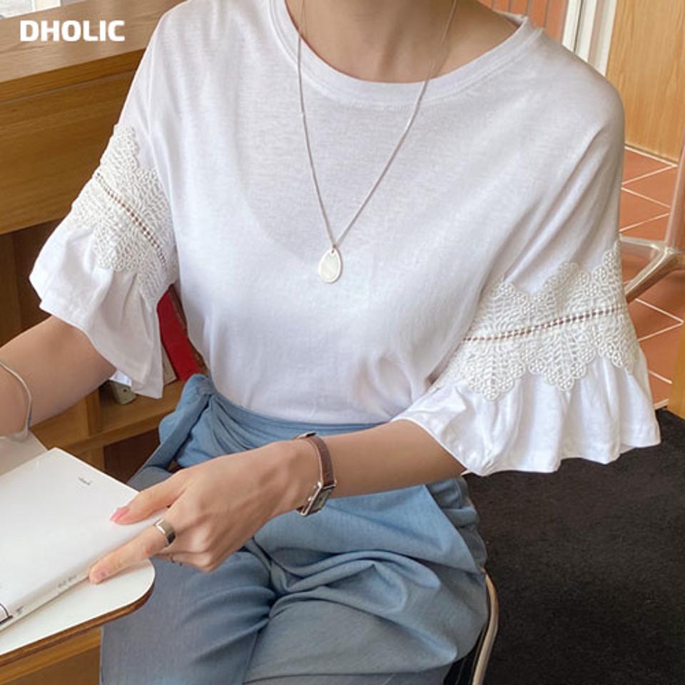 レーススリーブTシャツ・全2色・t67433 レディース 【tops】【トップス Tシャツ 半袖 ハーフスリーブ レース フェミニン 可愛い かわいい シンプル 春 秋 韓国 ファッション】【ハイホリHIHOLLI】