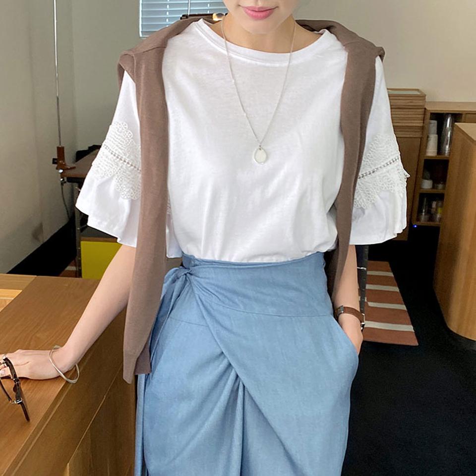 レーススリーブTシャツ・全2色・t67433 レディース 【tops】【トップス Tシャツ 半袖 ハーフスリーブ レース フェミニン 可愛い かわいい シンプル 春 秋 韓国 ファッション】【ハイホリHIHOLLI】