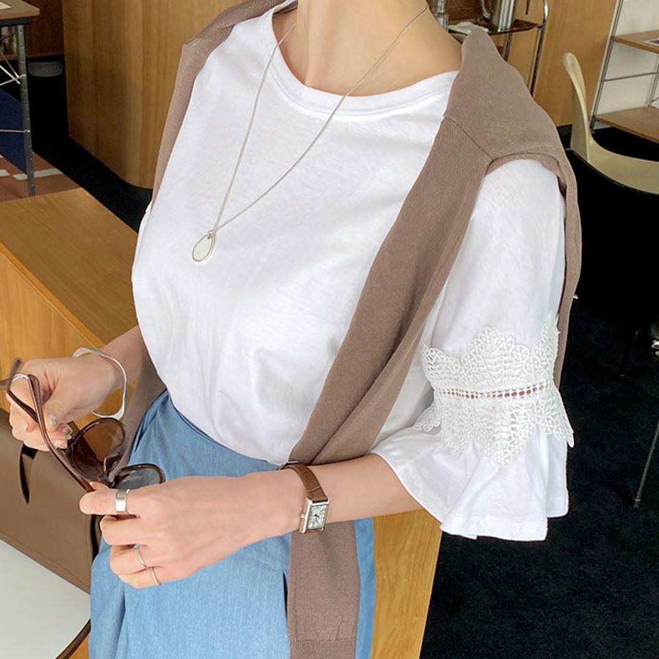 レーススリーブTシャツ・全2色・t67433 レディース 【tops】【トップス Tシャツ 半袖 ハーフスリーブ レース フェミニン 可愛い かわいい シンプル 春 秋 韓国 ファッション】【ハイホリHIHOLLI】