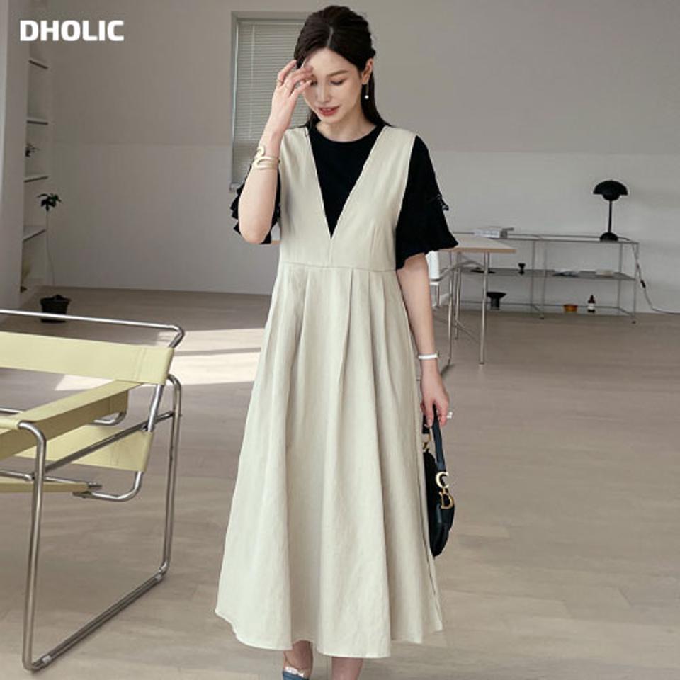 2WAYステッチワンピース・全3色・t67444 レディース 【ops】【ワンピース ロング ロングワンピース ステッチ Uネック Vネック スリーブレス ノースリーブ レイヤード 前後着用自由 2way 秋 春 韓国 ファッション】【ハイホリHIHOLLI】