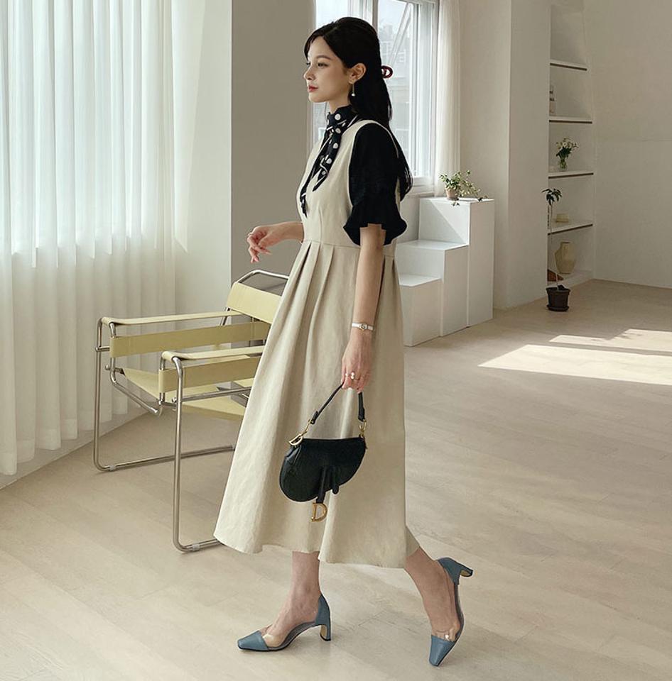 2WAYステッチワンピース・全3色・t67444 レディース 【ops】【ワンピース ロング ロングワンピース ステッチ Uネック Vネック スリーブレス ノースリーブ レイヤード 前後着用自由 2way 秋 春 韓国 ファッション】【ハイホリHIHOLLI】