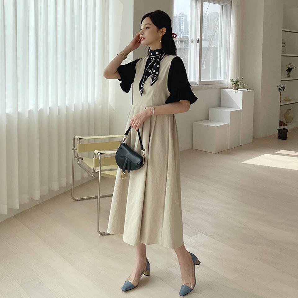 2WAYステッチワンピース・全3色・t67444 レディース 【ops】【ワンピース ロング ロングワンピース ステッチ Uネック Vネック スリーブレス ノースリーブ レイヤード 前後着用自由 2way 秋 春 韓国 ファッション】【ハイホリHIHOLLI】