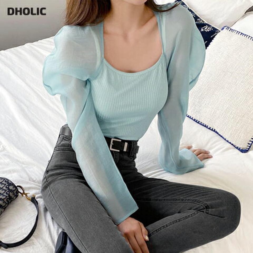 スクエアシアーパフTシャツ・全3色・t65068 レディース 【tops】【韓国 ファッション トップス Tシャツ 長袖 スクエアネック デコルテ フェミニン パフスリーブ 異素材 シースルー スリーブ クロップド丈 カジュアル 体型カーバー デイリー 細身 秋 春】