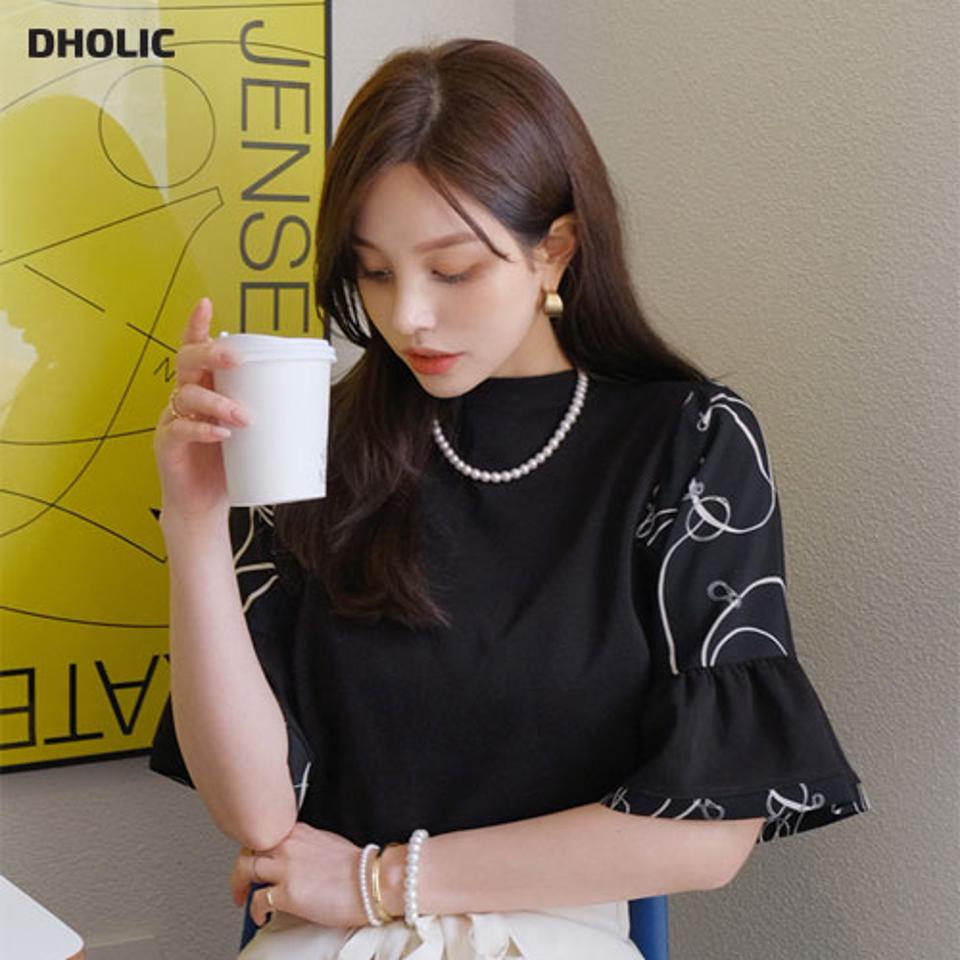 即日配送 パターンフレアスリーブTシャツ・全3色・t67434 レディース 【tops】トップス Tシャツ 半袖 ハーフスリーブ フレア 総柄 シック 大人 カジュアル 春 夏 秋 韓国ファッション ハイホリHIHOLLI