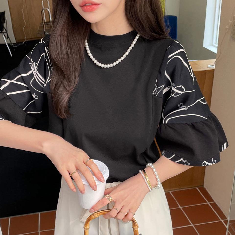 即日配送 パターンフレアスリーブTシャツ・全3色・t67434 レディース 【tops】トップス Tシャツ 半袖 ハーフスリーブ フレア 総柄 シック 大人 カジュアル 春 夏 秋 韓国ファッション ハイホリHIHOLLI