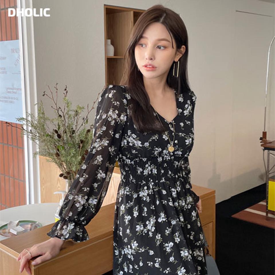 フローラルシフォンワンピース・全3色・t67446 レディース 【ops】【ワンピース ロング ロングワンピース 長袖 シフォン 花柄 フラワー 華やか フェミニン 可愛い かわいい 大人 春 秋 韓国 ファッション】【ハイホリHIHOLLI】