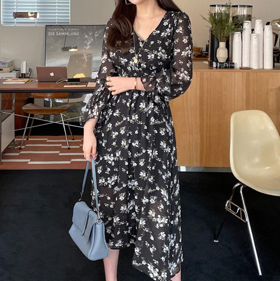 フローラルシフォンワンピース・全3色・t67446 レディース 【ops】【ワンピース ロング ロングワンピース 長袖 シフォン 花柄 フラワー 華やか フェミニン 可愛い かわいい 大人 春 秋 韓国 ファッション】【ハイホリHIHOLLI】