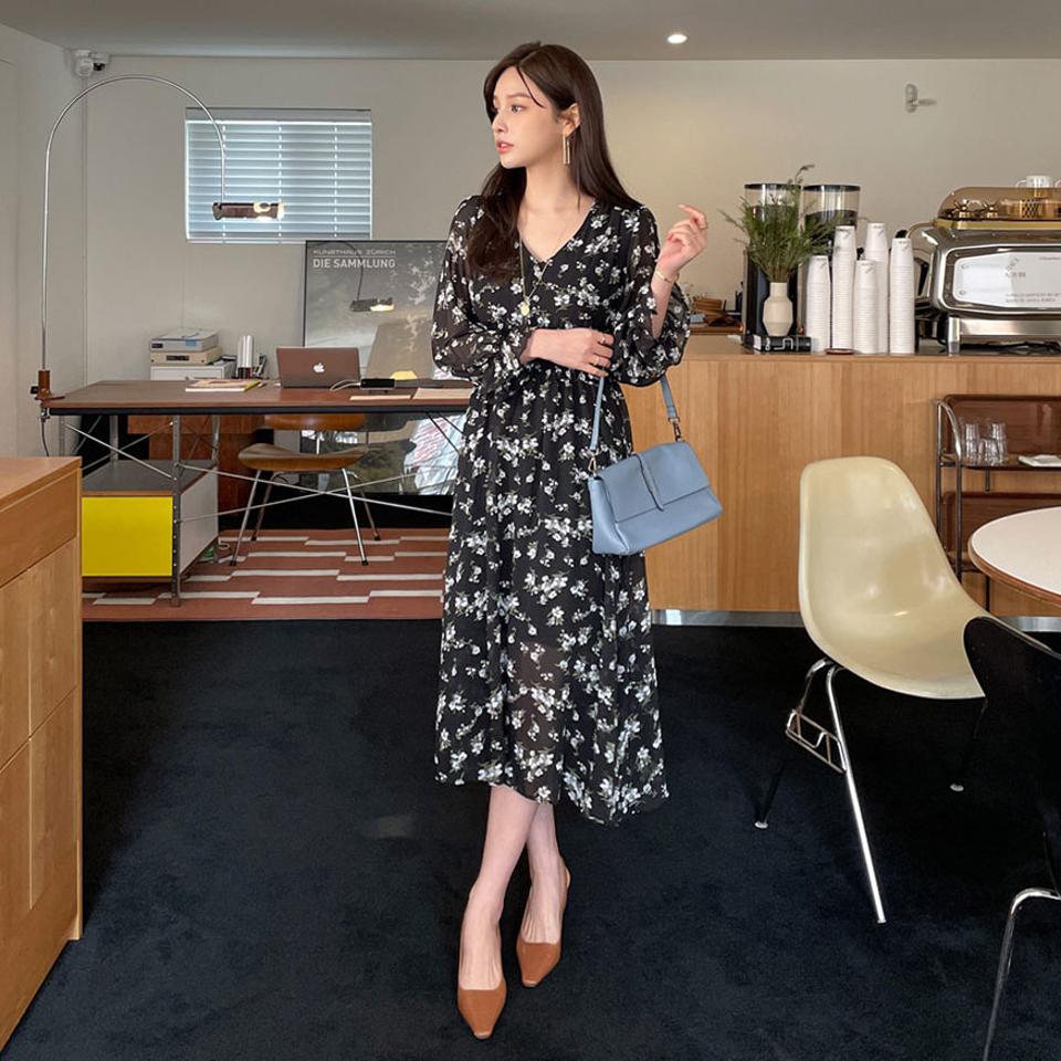 フローラルシフォンワンピース・全3色・t67446 レディース 【ops】【ワンピース ロング ロングワンピース 長袖 シフォン 花柄 フラワー 華やか フェミニン 可愛い かわいい 大人 春 秋 韓国 ファッション】【ハイホリHIHOLLI】