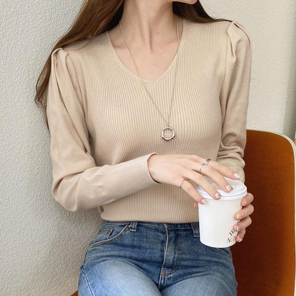 リブVネックパフニット・全4色・t67436 レディース 【tops】【トップス ニット ニットトップス 長袖 パフスリーブ パフ袖 Vネック 単色 無地 シンプル 可愛い かわいい 春 秋 韓国 ファッション】【ハイホリHIHOLLI】