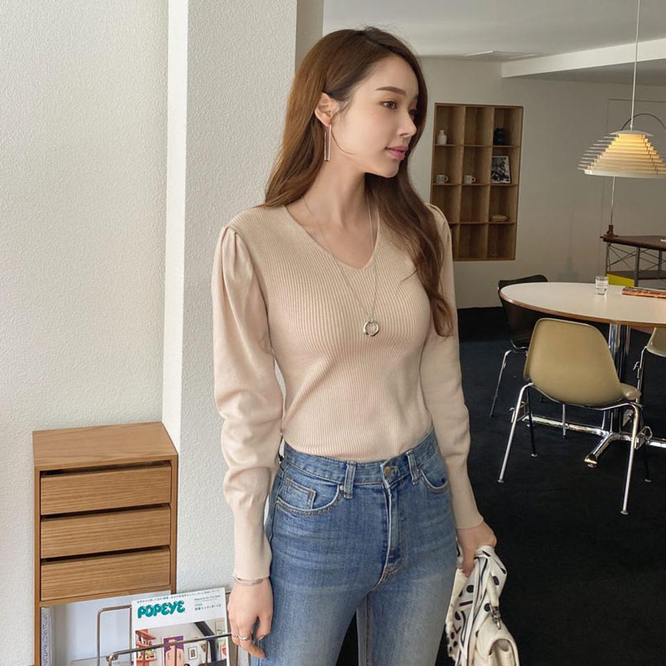 リブVネックパフニット・全4色・t67436 レディース 【tops】【トップス ニット ニットトップス 長袖 パフスリーブ パフ袖 Vネック 単色 無地 シンプル 可愛い かわいい 春 秋 韓国 ファッション】【ハイホリHIHOLLI】