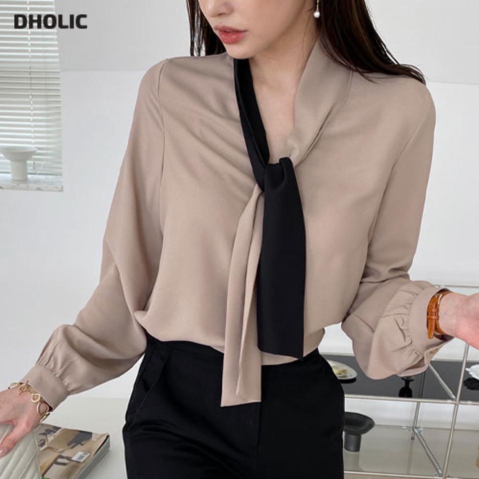 配色リボンブラウス・全2色・t67440 レディース 【bl】 トップス ブラウス 長袖 リボン りぼん 配色 フェミニン オフィスカジュアル きれいめ モダン 大人 春 秋 韓国 ファッション ハイホリHIHOLLI