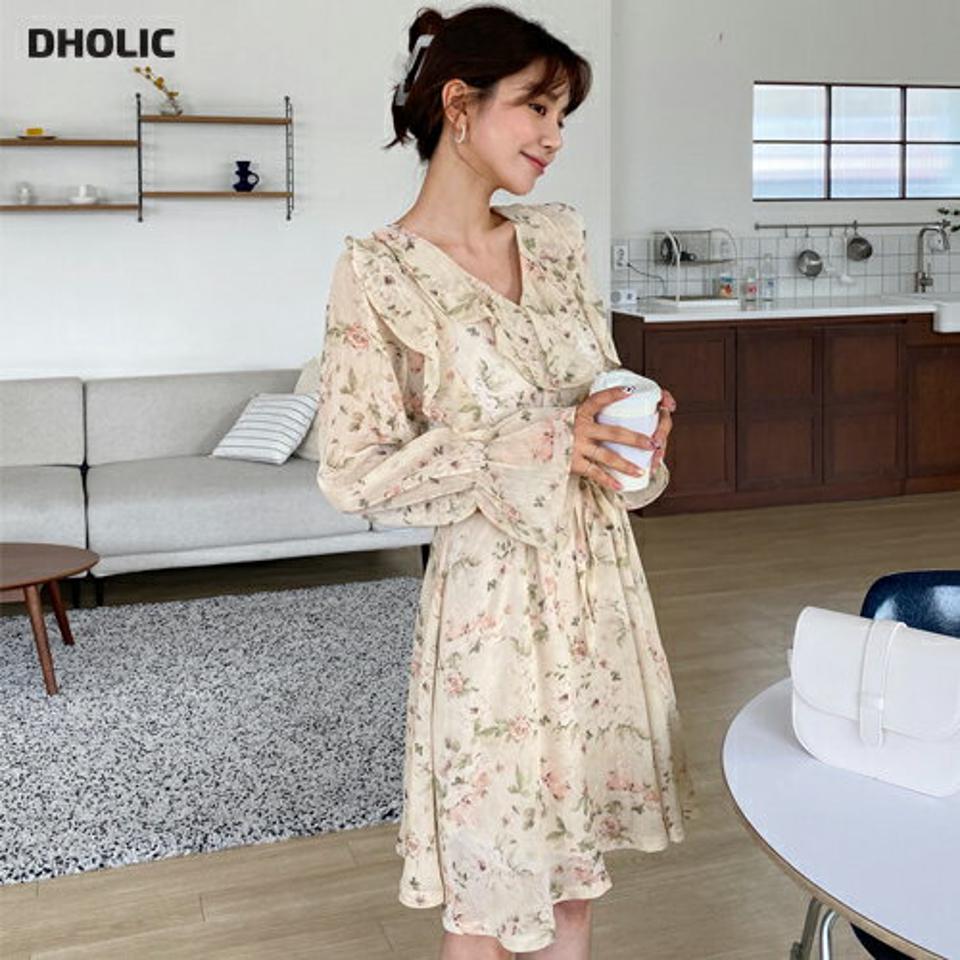 ドロスト花柄ミディワンピース・全3色・t65076 レディース 【ops】【韓国 ファッション ワンピース ミディ ミディワンピス 長袖 花柄 フラワー パターン シフォン Vネック フリル ボリューミー フェミニン 細身 スリム カジュアル 体型カバー 秋 春】【fw】