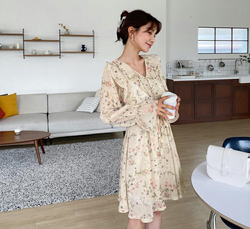 ドロスト花柄ミディワンピース・全3色・t65076 レディース 【ops】【韓国 ファッション ワンピース ミディ ミディワンピス 長袖 花柄 フラワー パターン シフォン Vネック フリル ボリューミー フェミニン 細身 スリム カジュアル 体型カバー 秋 春】【fw】