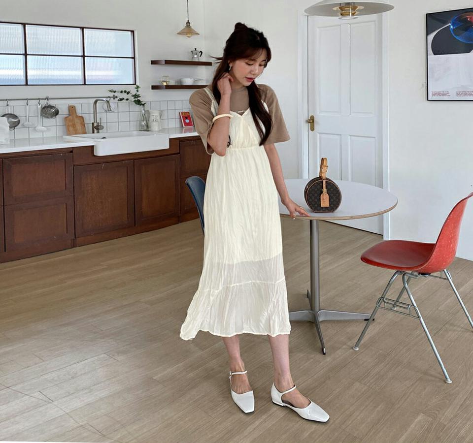 リンクルノースリワンピース・全3色・t65039 レディース 【ops】【韓国 ファッション ワンピース ロング ロングワンピス キャミワンピース キャミソール リンクル Vネック スリーブレス ノースリーブ フレア 細身 スリム カジュアル 体型カバー 秋 春】