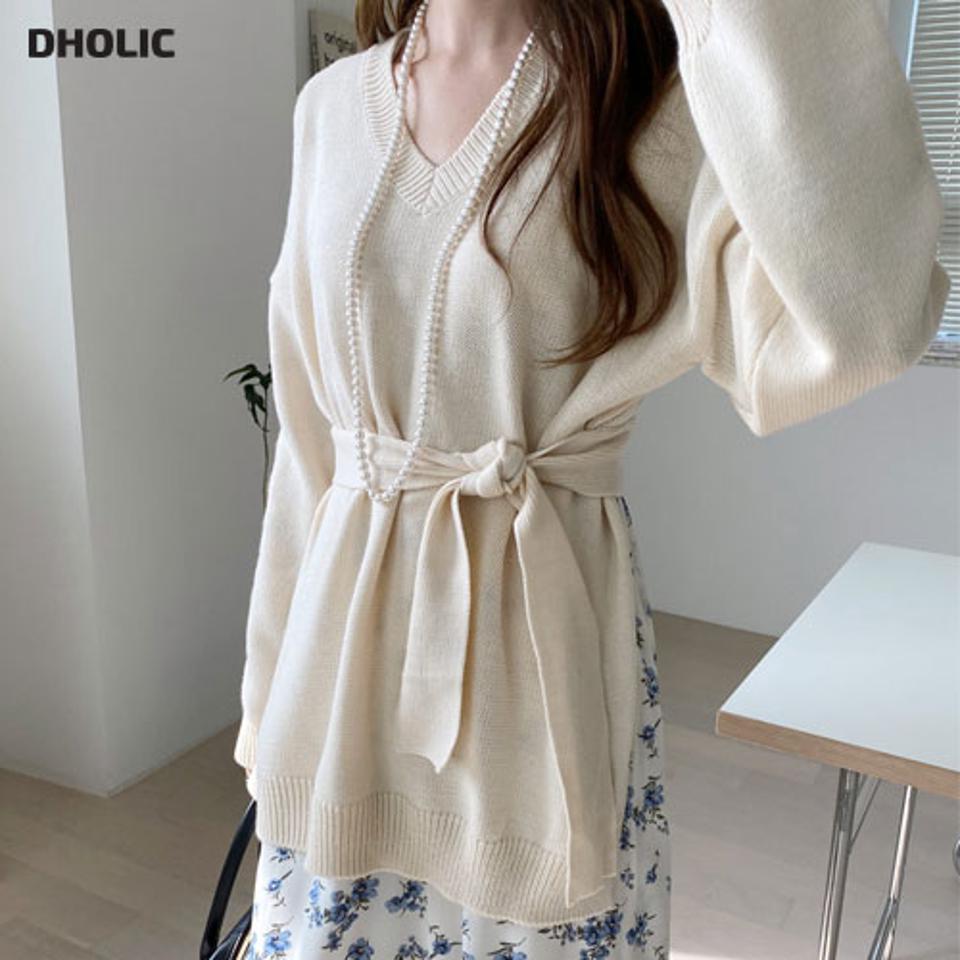 バックオープンリボンVネックニット・全4色・t67439 レディース 【tops】【トップス ニット ニットトップス 長袖 Vネック リボン りぼん 単色 無地 カジュアル かわいい 春 秋 韓国 ファッション】【ハイホリHIHOLLI】