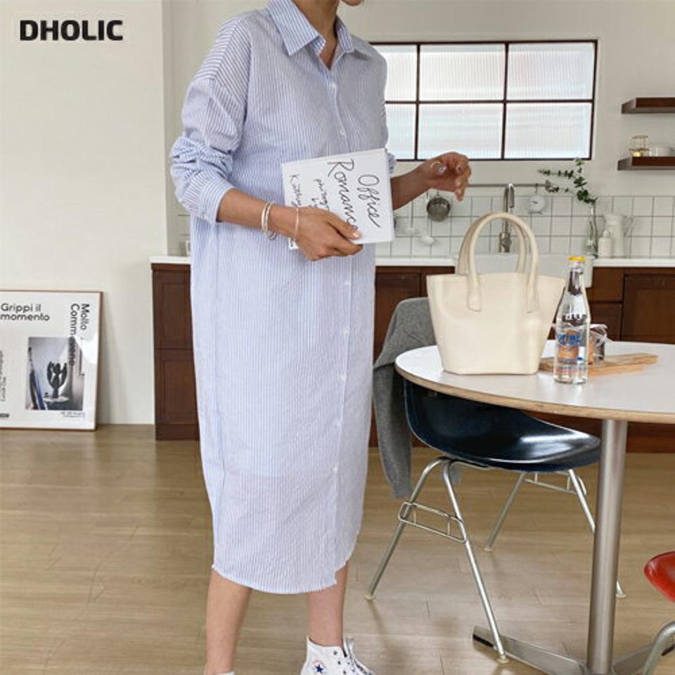 ストライプシャツワンピース・全3色・b65078 レディース 【ops】【韓国 ファッション ワンピース ロング ロングワンピス 長袖 ストライプ パターン シャツワンピース ミディ丈 フェミニン 細身 スリム カジュアル 体型カバー 秋 春】