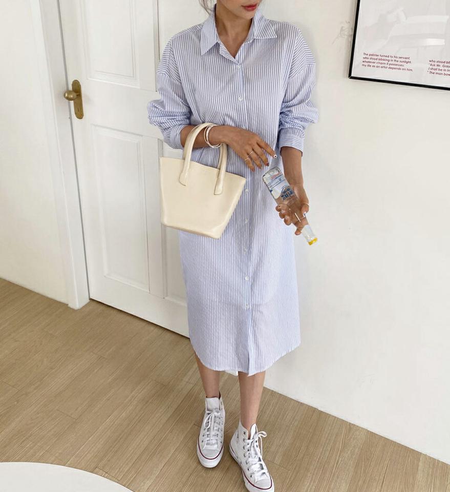 ストライプシャツワンピース・全3色・b65078 レディース 【ops】【韓国 ファッション ワンピース ロング ロングワンピス 長袖 ストライプ パターン シャツワンピース ミディ丈 フェミニン 細身 スリム カジュアル 体型カバー 秋 春】