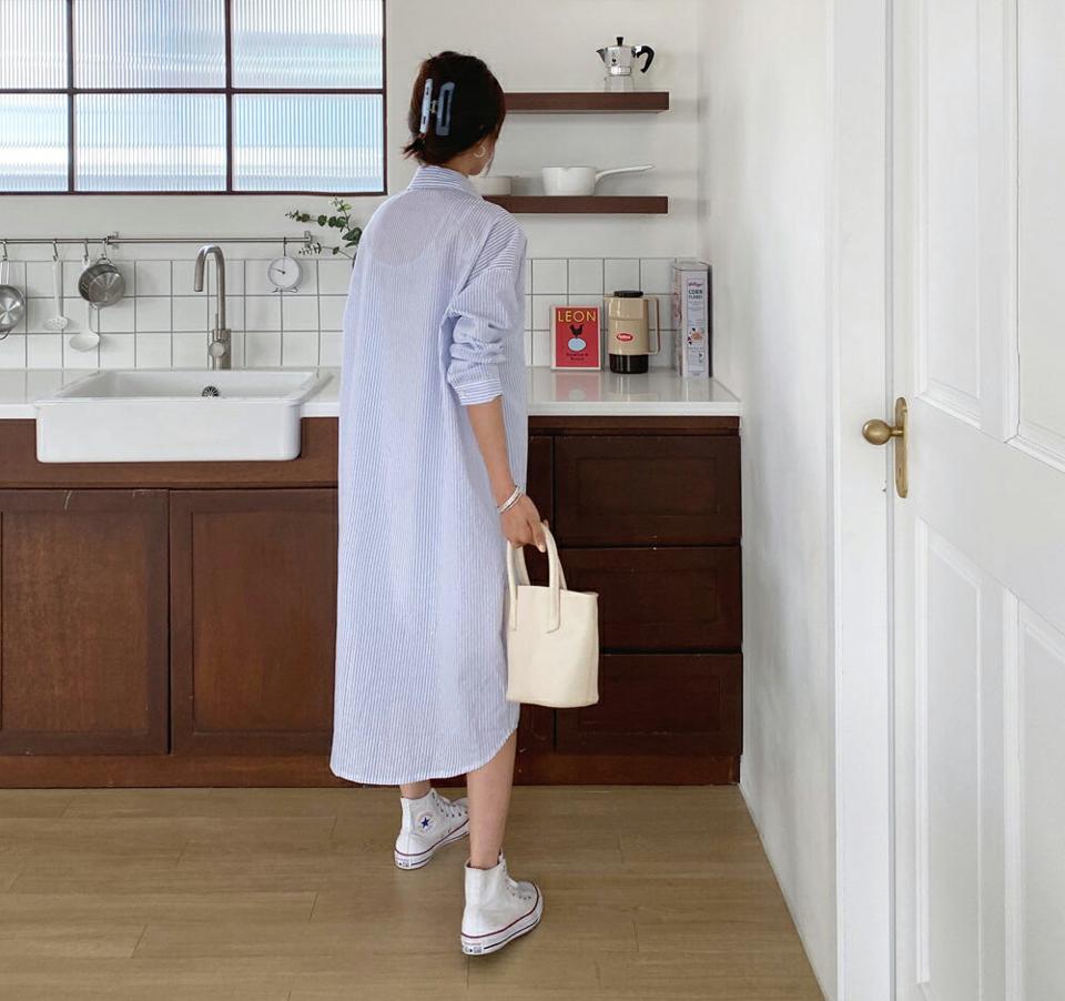 ストライプシャツワンピース・全3色・b65078 レディース 【ops】【韓国 ファッション ワンピース ロング ロングワンピス 長袖 ストライプ パターン シャツワンピース ミディ丈 フェミニン 細身 スリム カジュアル 体型カバー 秋 春】