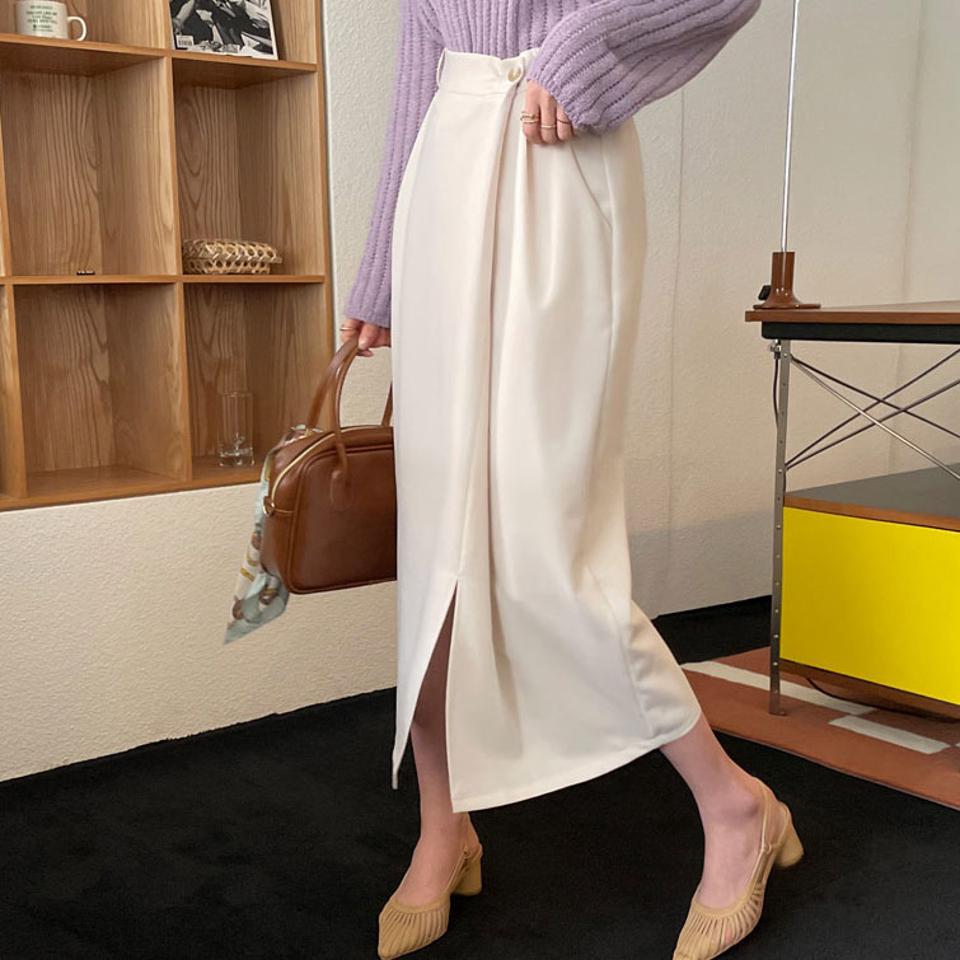 ボタンラップリットスカート・全3色・t67454 レディース 【sk】【スカート ロング ロングスカート スリット 単色 無地 シンプル 大人 きれいめ 春 秋 韓国 ファッション】【ハイホリHIHOLLI】