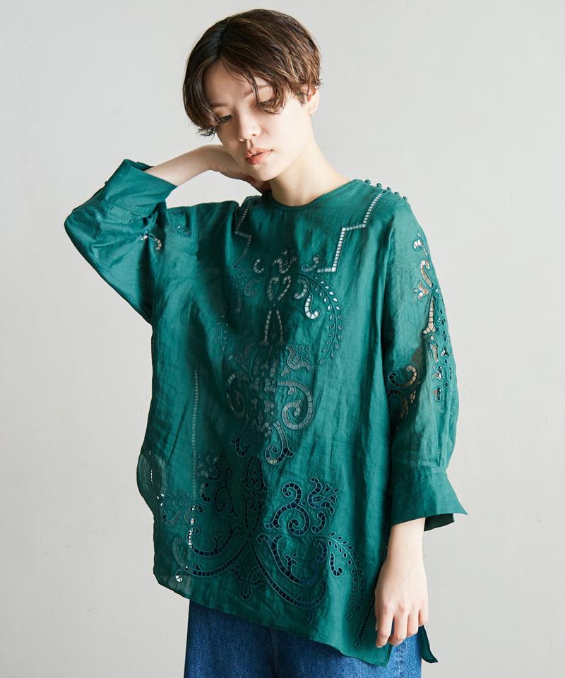△○60/-ラミーカットワーク刺繍７分袖ブラウス（cardo fabrica）